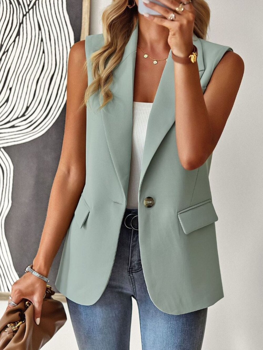 B92 Sleeveless Blazer in Mint Green NEW